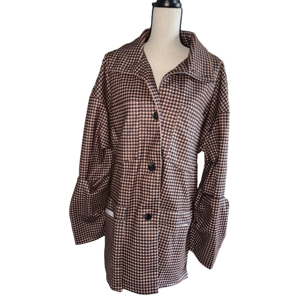 NWT Wool Brown Coat Camel Black Shacket Button Up Cinched Sleeves Pockets XXL